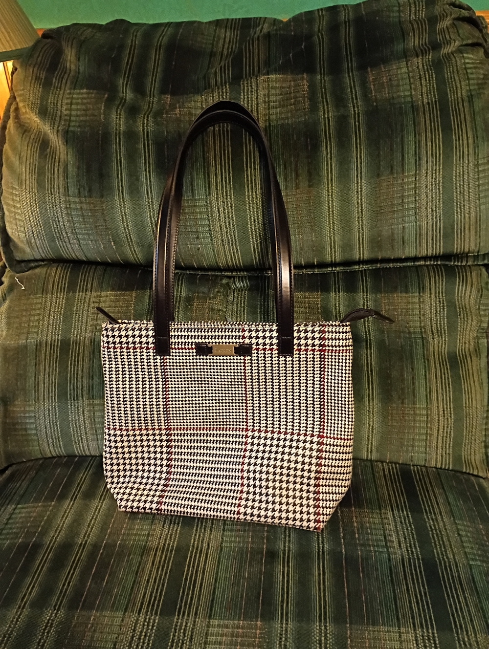 Ralph Lauren Houndstooth tote bag red trim black strap 9x12
